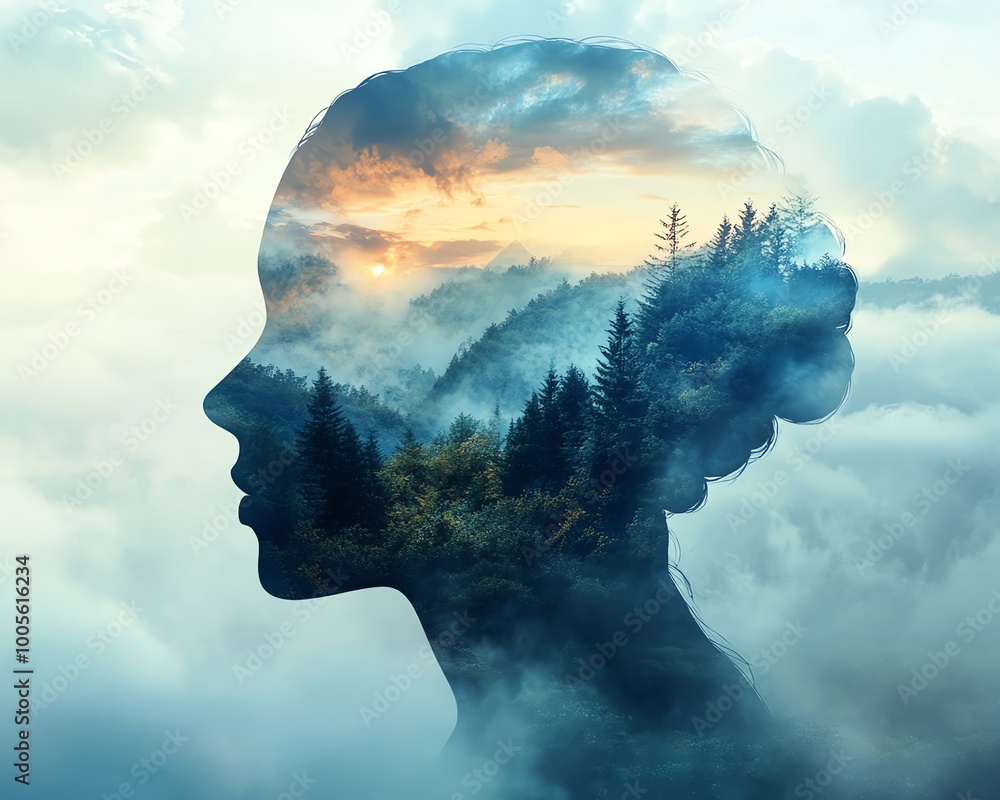 Poster outline of a head with a tranquil landscape, symbolizing inner peace and mental serenity, with clear