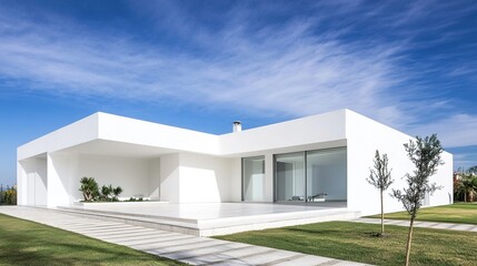 Stunning White Minimalist Home Featuring Smooth White Plaster and Elegant Black Stones on the Walls, Emphasizing a Modern Aesthetic and Clean Lines. 