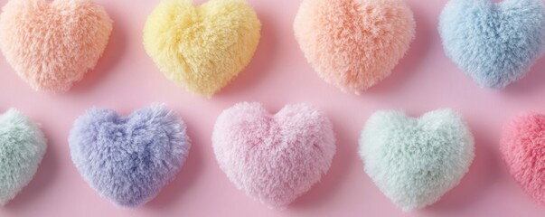 Fototapeta premium Fluffy pastel heart cushions on pink surface, love and comfort concept