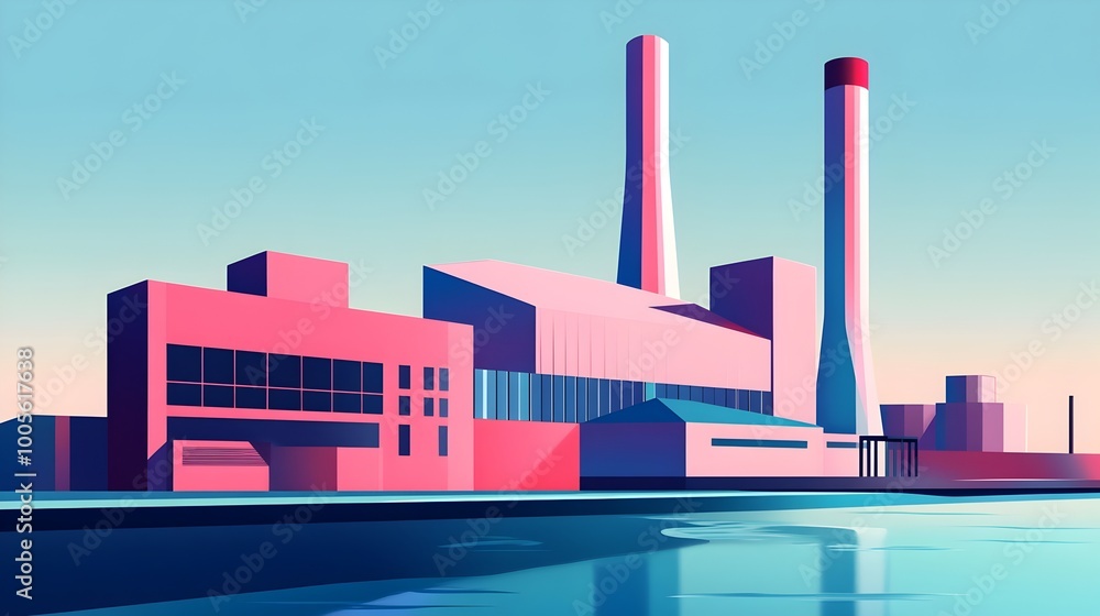 Poster minimalist power plant featuring abstract architectural forms bold solid colors and a dynamic compos