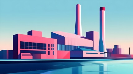 Fototapeta premium Minimalist power plant featuring abstract architectural forms bold solid colors and a dynamic composition with a retro futuristic industrial aesthetic This stylized image represents the clean