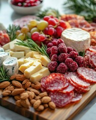 Rustic charcuterie board with cheese, cured meats, berries, nuts, and grapes for appetizer