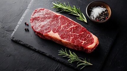A raw Wagyu steak, rich marbling throughout the deep red beef, placed on a dark slate board with coarse sea salt, black pepper, and fresh rosemary, ready for grilling, spotlighting its premium quality