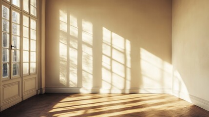 Obraz premium A sunlit room with soft shadows and wooden flooring, evoking tranquility and space.