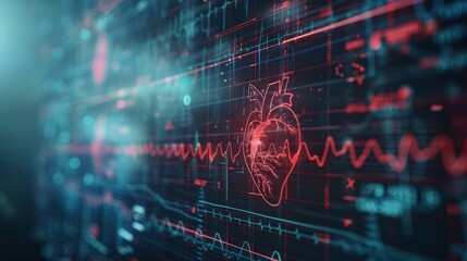 A digital rendering of a heart beat displayed on a screen. The heart is red and the screen is blue and black, with lines and dots representing the data.