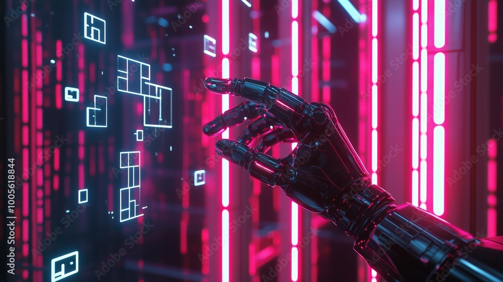 Poster futuristic robot hand interacting with 3d interface