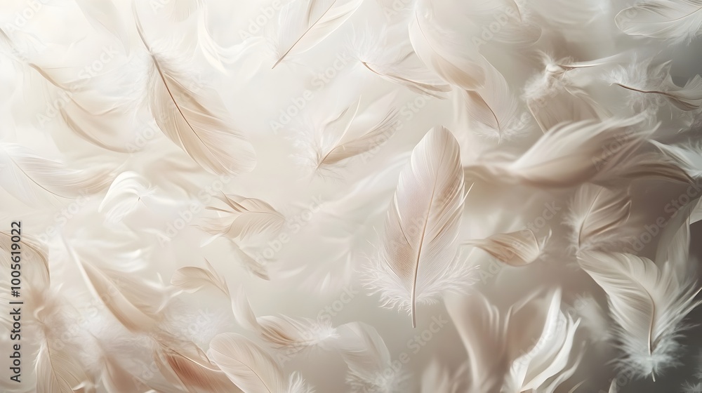 Poster dreamy pastel inspired background with soft delicate feather elements gently cascading and floating 