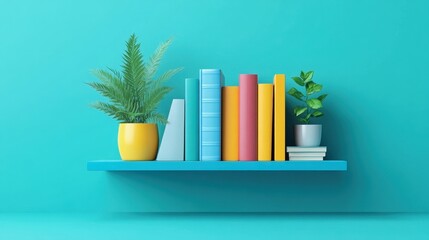Modern Shelf with Colorful Textbooks and Plants
