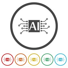 AI icon. Set icons in color circle buttons