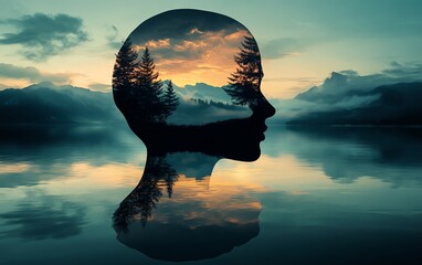 Silhouette of a human head with a calm landscape inside, embodying inner peace and mental serenity, ample space for text and messaging