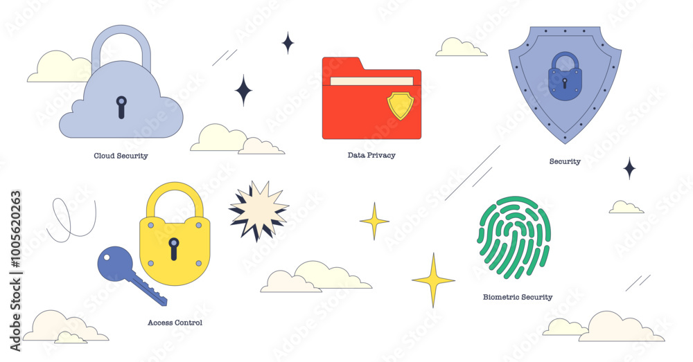 Poster neubrutalism style collection image showcasing data protection with icons of cloud security, data pr