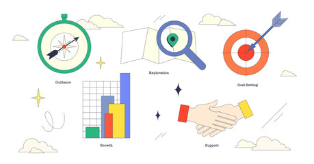 Neubrutalism style collection depicting career counseling with compass, bar chart, and handshake symbolizing guidance, growth, and support, transparent background.