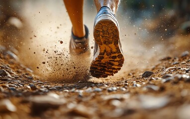 Sport shoes of a trail runner racing on a dusty trail, showcasing speed and determination, detailed and intense running action