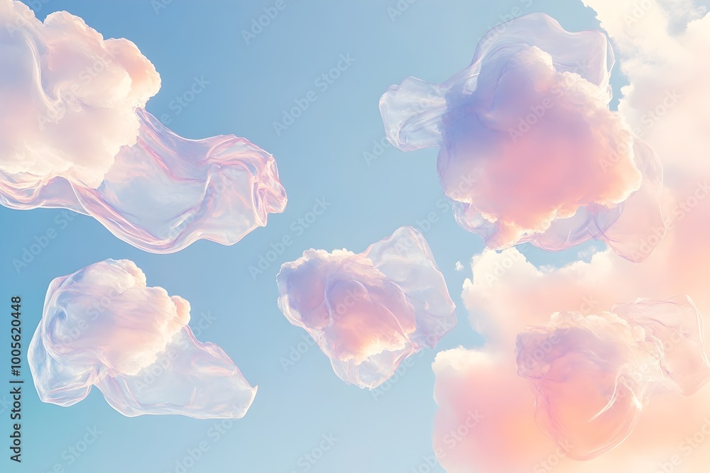 Poster whimsical pastel inspired backdrop with imaginative floating cloud formations in a delicate transpar