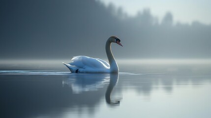 Fototapeta premium Serene Swan Gliding Across a Quiet Pond at Dawn