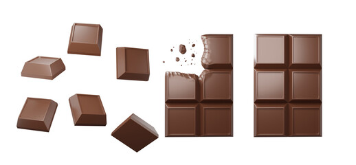 Set Of Chocolate Bar And Chocolate Pieces, 3D Rendering