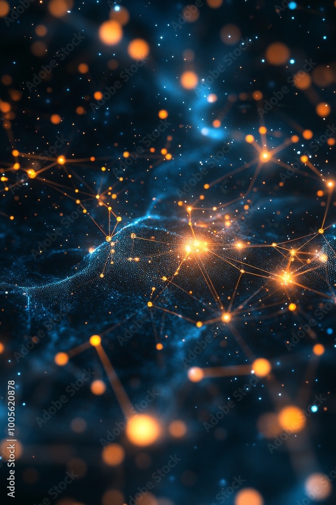 Poster a vibrant abstract visualization showcases an intricate network of glowing nodes interconnected by f