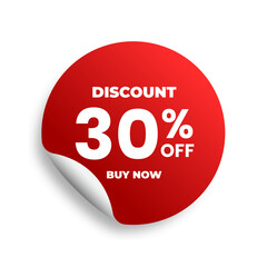 Discounts 30 percent off. Red sticker template on white background. Vector illustration