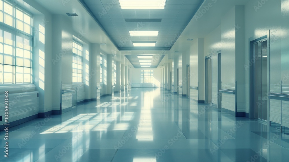 Poster a large, empty hallway with a lot of windows