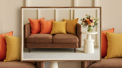 A mock-up poster frame with a stylish sofa setup