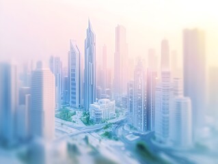 Fototapeta premium Serene pastel hued cityscape with towering angular skyscrapers and winding avenues shrouded in a dreamy atmospheric haze captured with a cinematic tilt shift technique to create a miniature