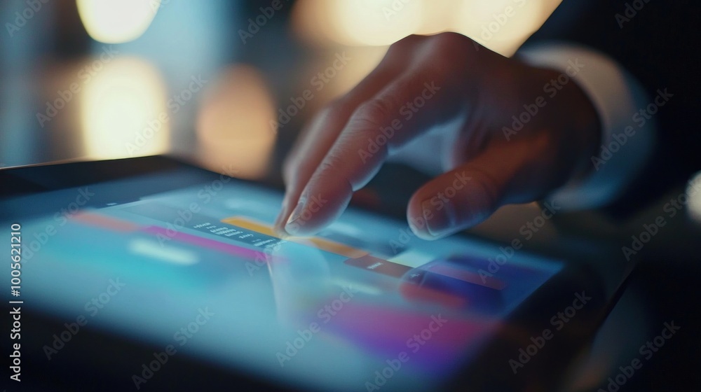 Aufkleber a close-up of a hand interacting with a tablet screen displaying colorful digital content.