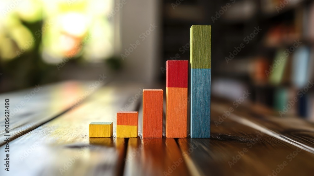 Poster a colorful bar chart made of wooden blocks, representing growth or data visualization.