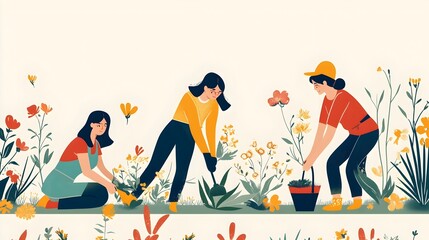 Vibrant and colorful flat design depicting the spring equinox season with people planting and caring for flowers plants and greenery in a garden or outdoor setting  Showcasing the renewal growth