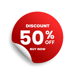 Discounts 50 percent off. Red sticker template on white background. Vector illustration