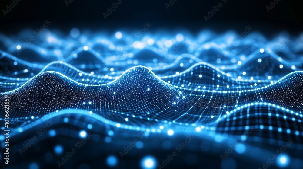 Poster glowing blue waves undulate against a dark background, filled with illuminated dots that create a dy