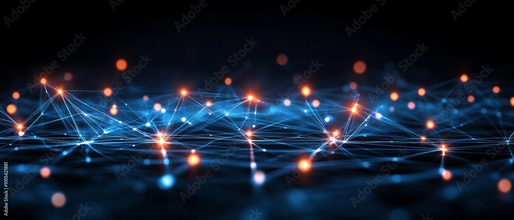 Poster a network of interconnected glowing lines and dots creates a mesmerizing display of blue and orange 
