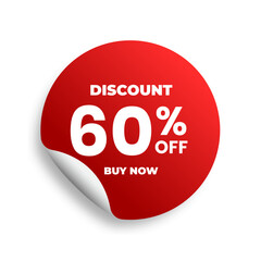 Discounts 60 percent off. Red sticker template on white background. Vector illustration