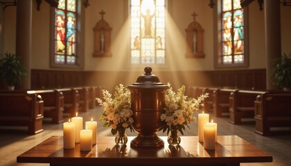 Cremation urn with flowers and candles in a church setting for memorial service and reflection