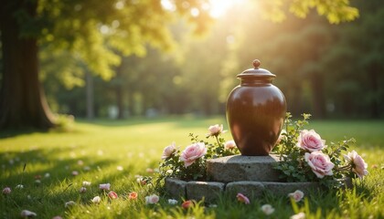 Elegant urn surrounded by pink roses on a sunny day in a park setting for memorial purposes