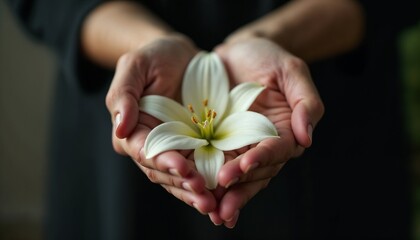 Gentle hands holding a white lily flower with care and compassion in a serene setting