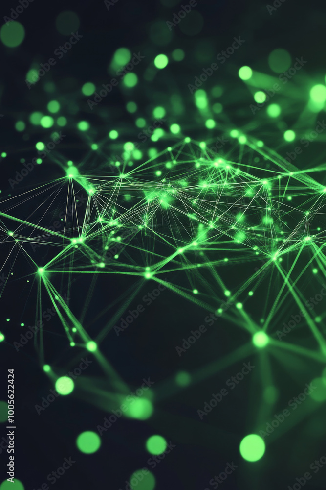 Poster numerous glowing green nodes and connections create a complex visual display, resembling a digital n