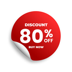 Discounts 80 percent off. Red sticker template on white background. Vector illustration