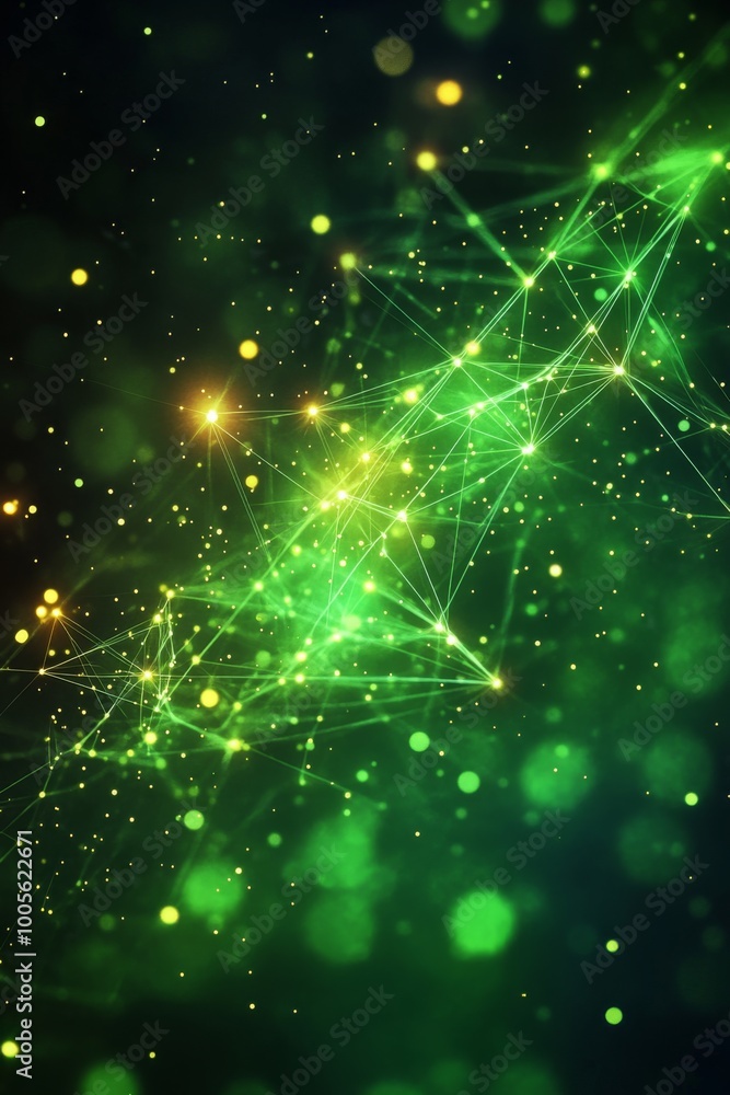 Poster an intricate network of bright green lines and sparkling dots forms an abstract design that conveys 