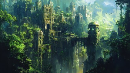 Fototapeta premium Overgrown Ruins of an Ancient City in a Verdant Jungle