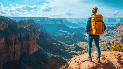 Woman hiking in grand canyon with yellow backpack on a sunny day adventure and exploration