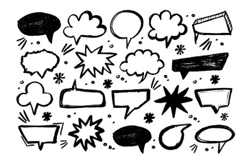 Empty  hand drawn grunge crayon, charcoal, chalk speech bubbles set in doodle style.