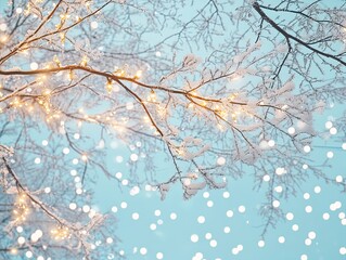 Obraz premium Charming Winter Decoration: Snow-Dusted Tree Branch with Twinkling Lights Against a Pastel Blue Sky - Perfect Poster for Cozy Spaces and Festive Interiors!