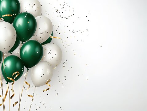 Festive Green and White Balloon Decor with Gold Ribbons: Perfect Poster for Birthday Party Themes and Celebrations in Light, Airy Spaces