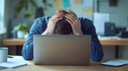 A man is sitting at his desk with his head in his hands in front of a laptop. He looks stressed and overwhelmed.