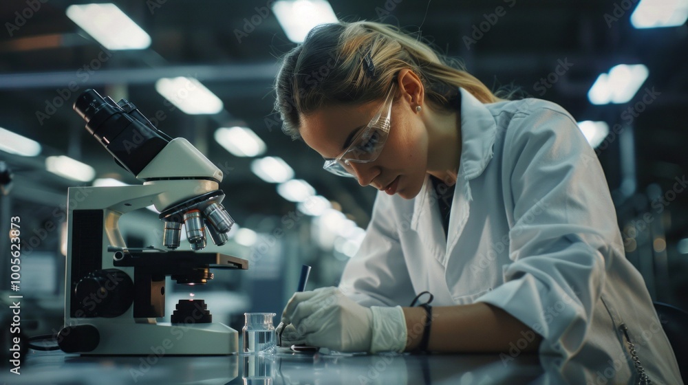 Poster A woman in a lab coat is writing in a notebook while looking at a microscope