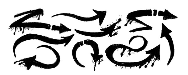Graffiti paint spray emphasis arrows with splatter and dripping ink. Rough urban emphasis tag lines with splash spray. Vector illustration of up and down cursor symbols pointing, dirty grunge icon