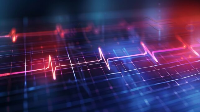 A close-up view of a digital heartbeat monitor, displaying a strong and steady pulse with vibrant red and blue lines.