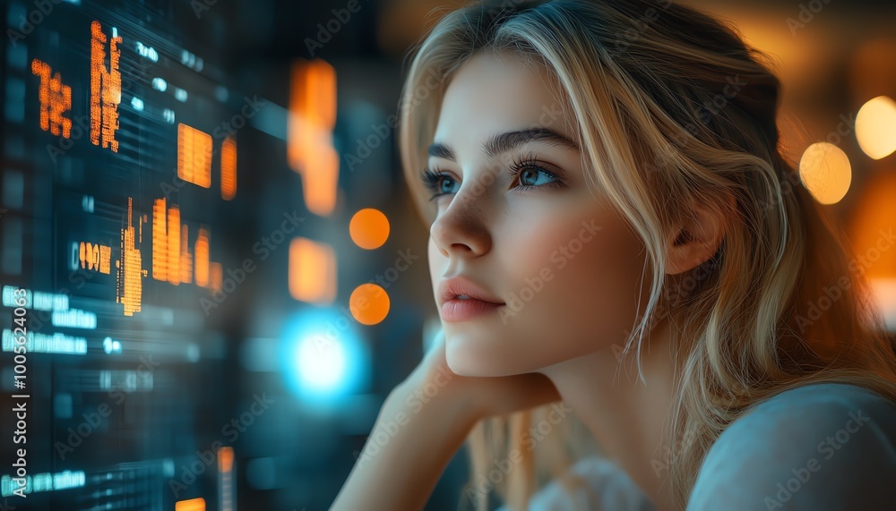 Poster Blonde Caucasian data analyst in IT, with data flow elements in the background, highlighting a professional business female, ample copy space for content