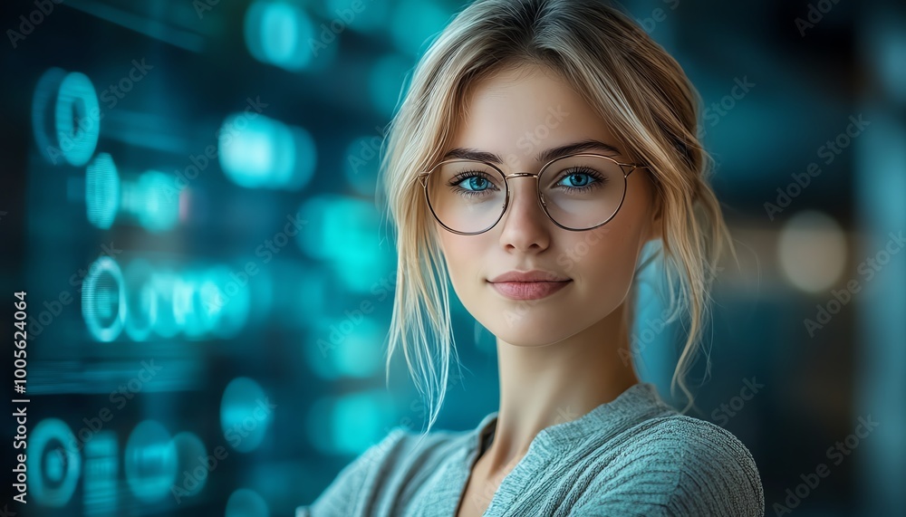 Poster blonde caucasian data analyst in it, with data flow elements in the background, highlighting a profe