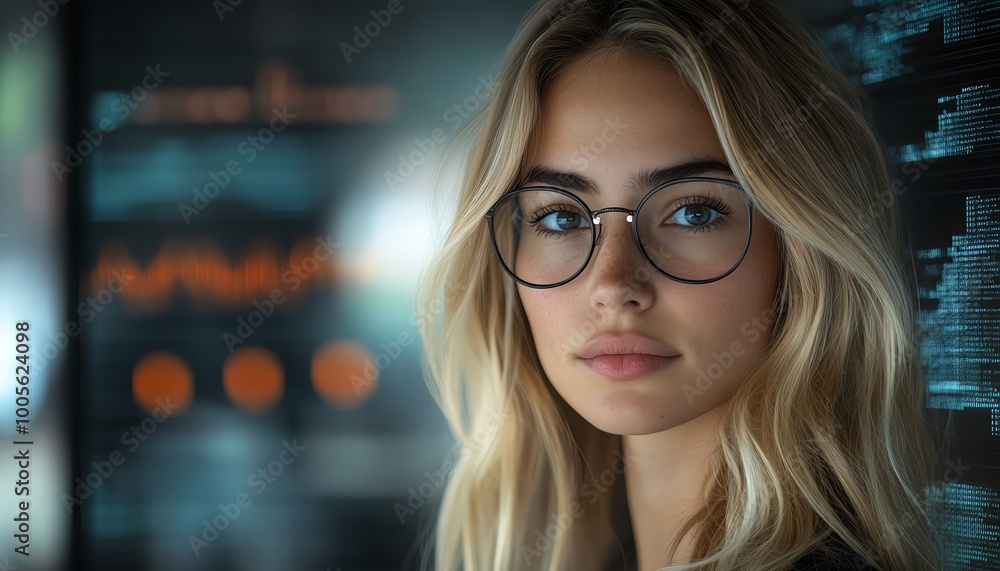 Poster Blonde Caucasian data analyst in IT, with data flow elements in the background, highlighting a professional business female, ample copy space for content